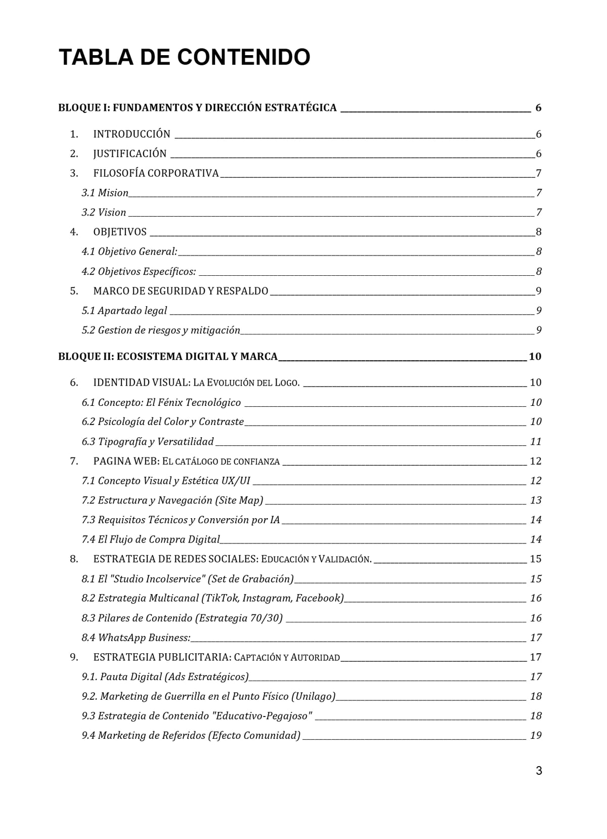 Tabla de contenido de la propuesta INCOLSERVICE 2.0