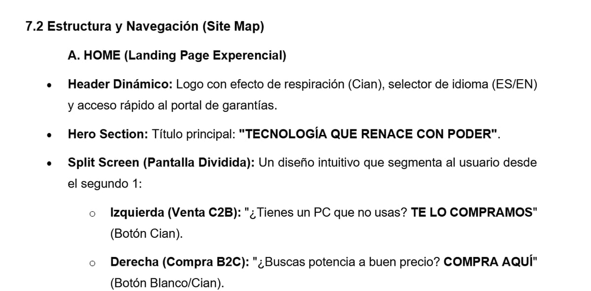 Mapa del sitio propuesto: inicio con pantalla dividida