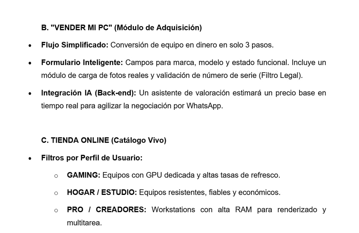 Mapa del sitio propuesto: módulo para vender el equipo y catálogo por perfil