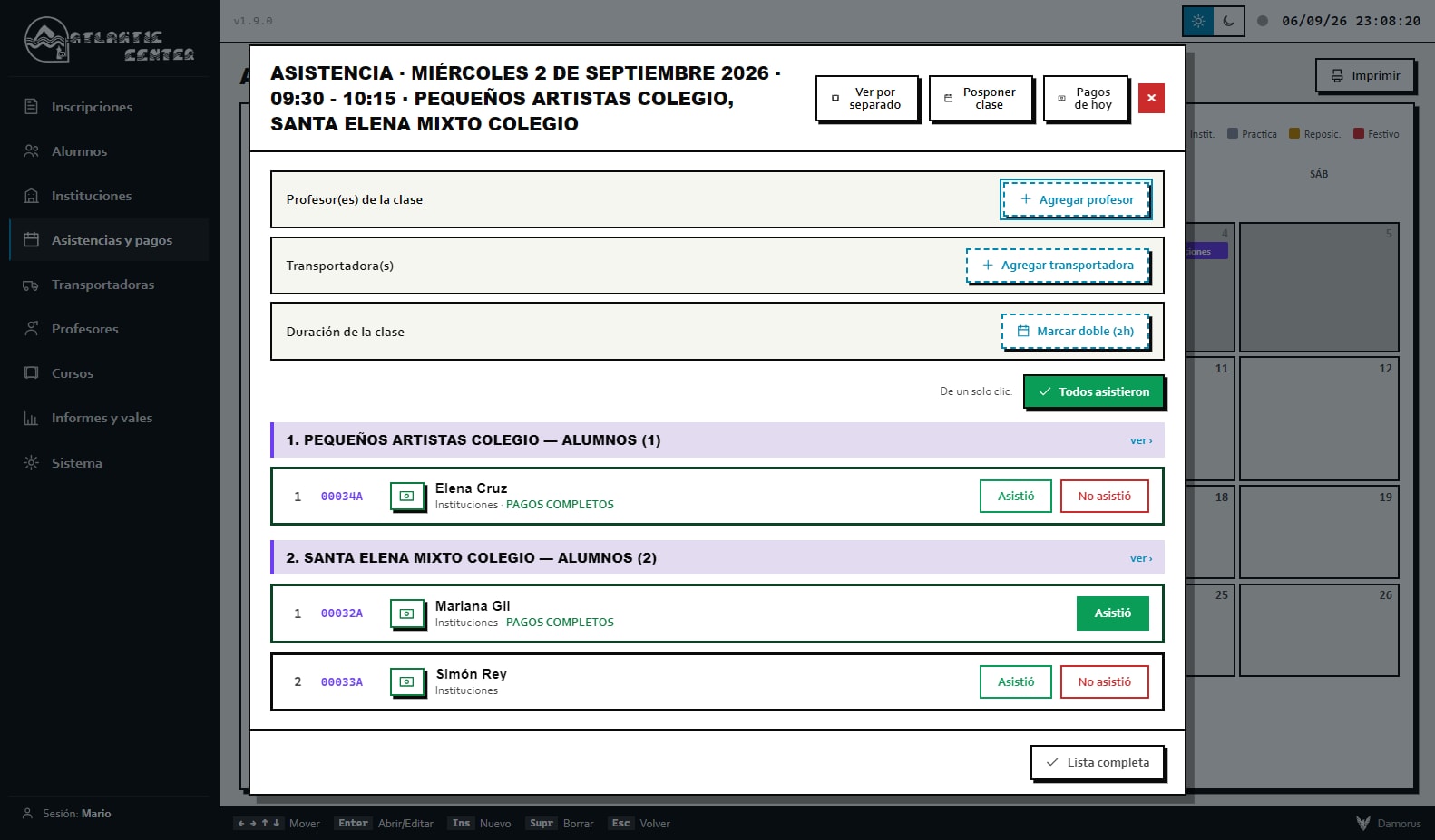 Pasar lista es un toque: "Todos asistieron" marca la clase completa y el sistema calcula los cobros solo.