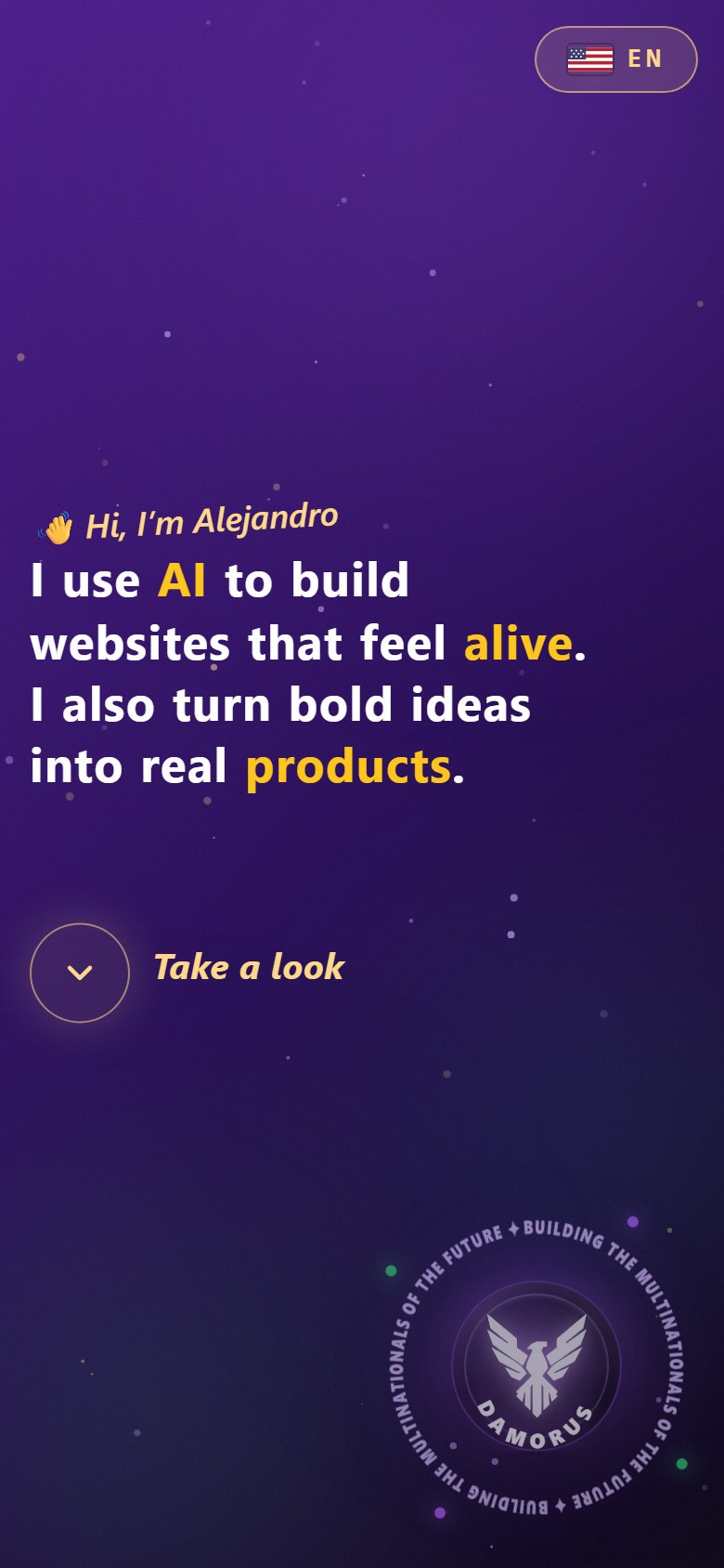 The mobile version of the portfolio, with the coin and the greeting.