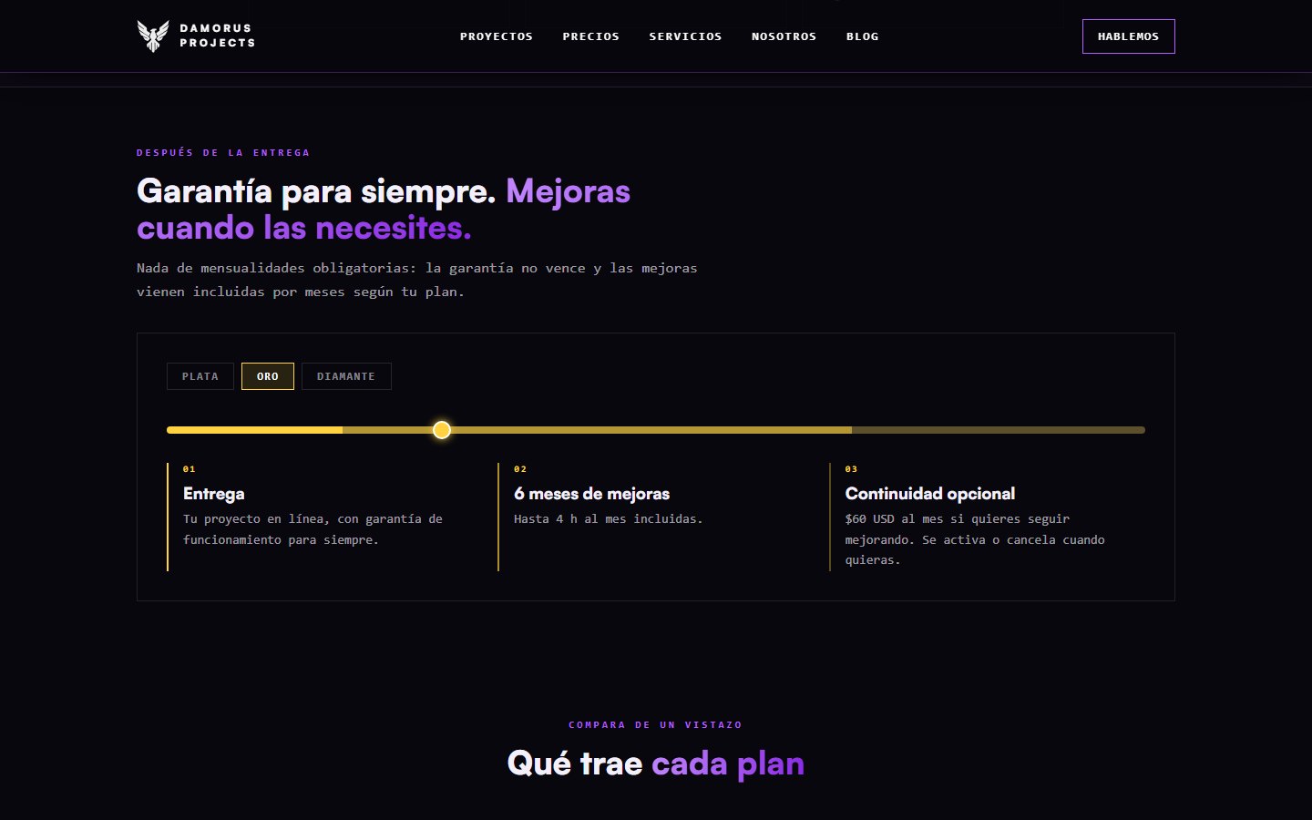 The plan timeline shows delivery, the included months of updates, and what comes after, with no mandatory monthly fees.