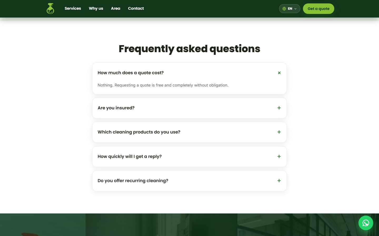 The FAQ section, answering the most common questions before someone requests a quote.