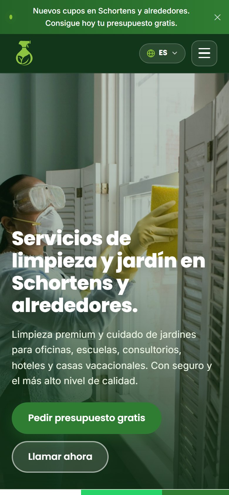 La portada en el celular, con el botón para pedir presupuesto.