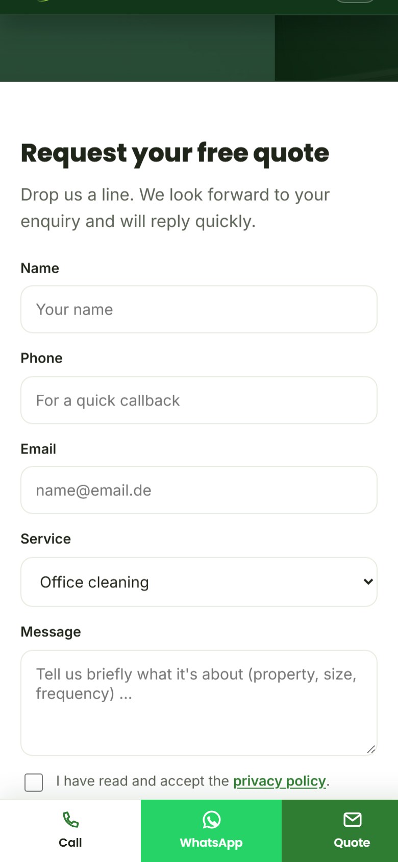 The quote request form on mobile, short and with the consent notice linked.