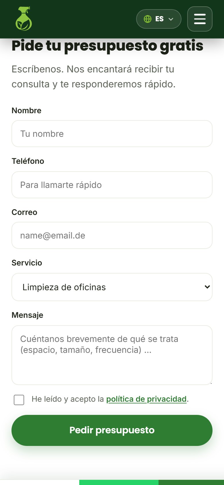 El formulario de presupuesto en el celular, corto y con el consentimiento enlazado.