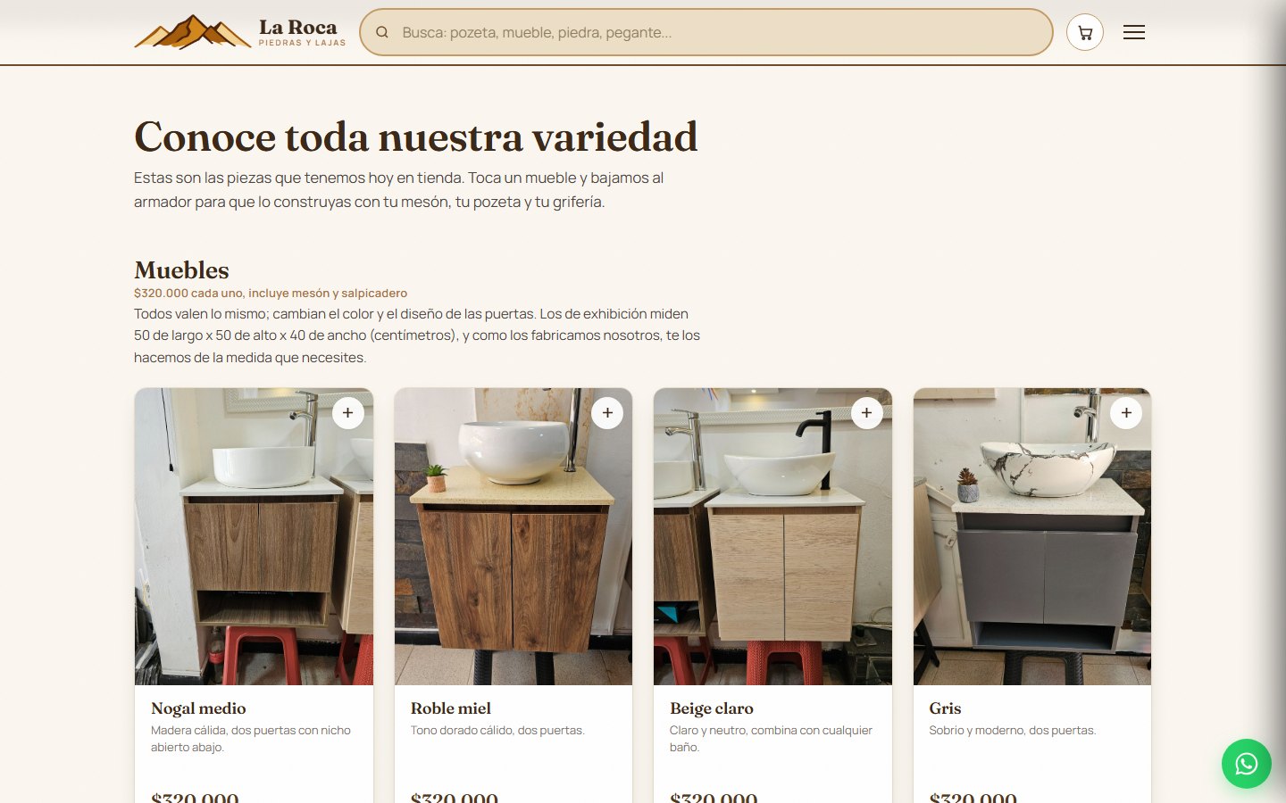 Mueble, mesón, pozeta y grifería elegidos paso a paso: cada pequeña decisión acerca al cliente a la cotización.