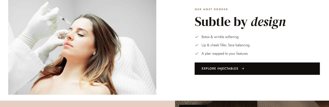 The home page highlights injectables, the most booked treatment.
