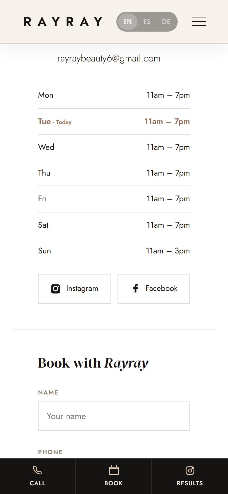 Hours and form on mobile, built to request an appointment with one hand.