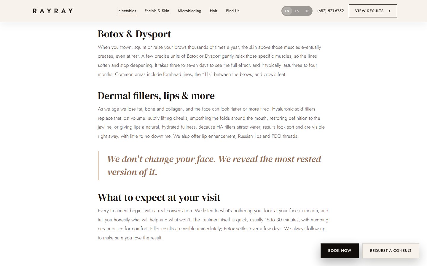 Each treatment family has its own article that educates, builds trust, and ends with a booking button.