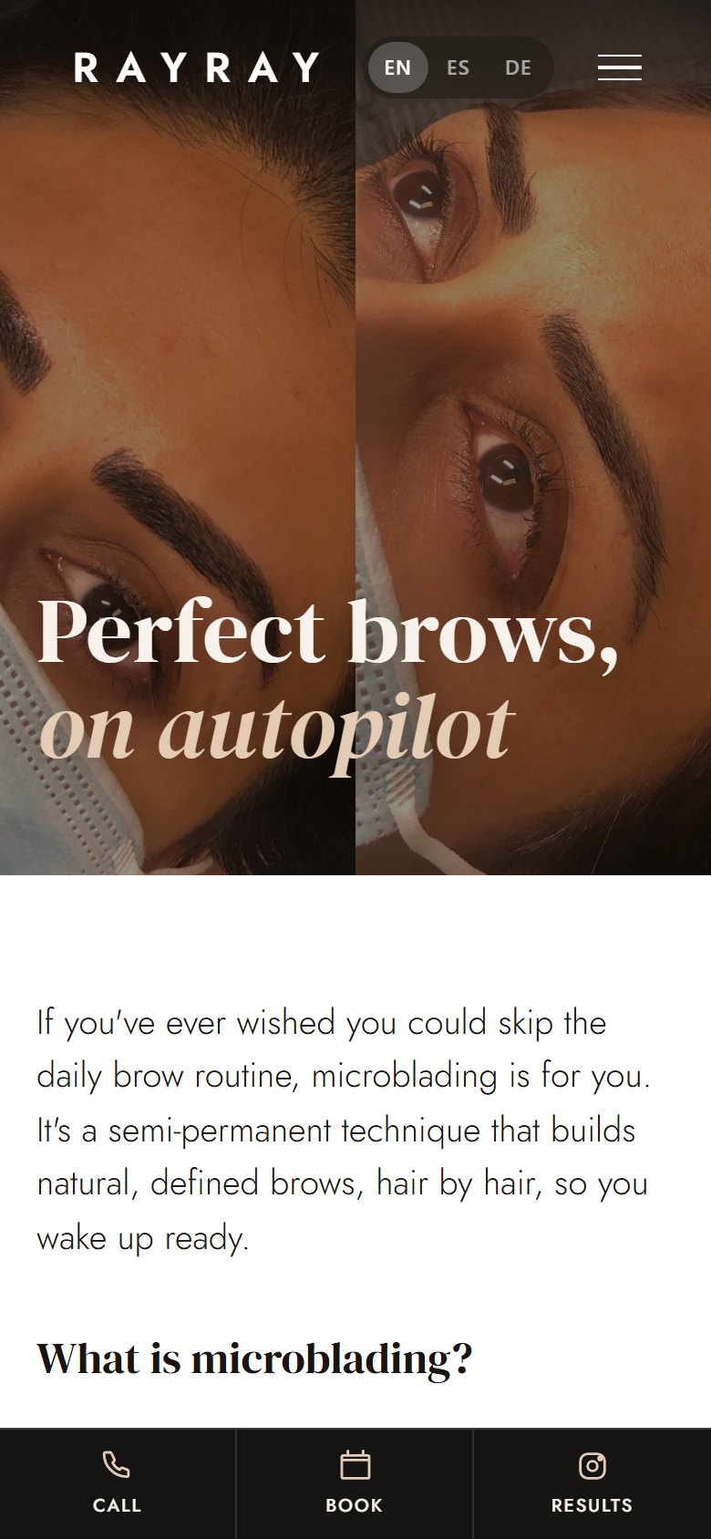 Microblading on mobile: the promise up top and the booking bar always under the thumb.