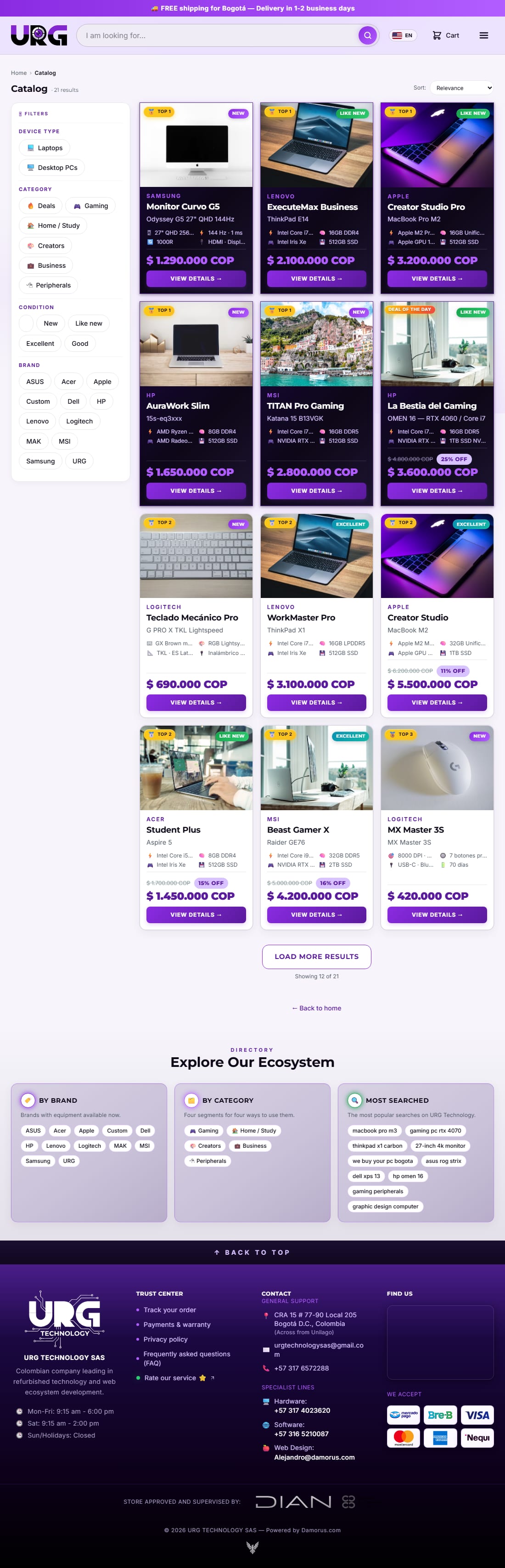 The catalog, with filters and prices.