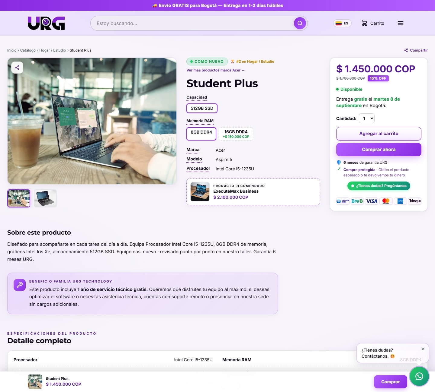 Otra ficha, con las especificaciones traducidas para quien no sabe de computadores.