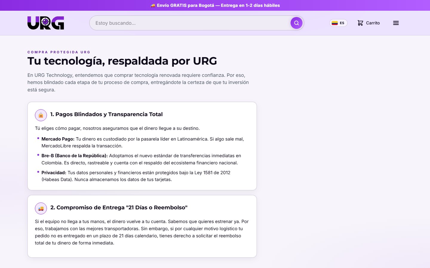 Las promesas por escrito de URG: 21 días o reembolso, plan 5/15, rastreo con un PIN que se borra solo y datos que se anonimizan sin tocar la contabilidad.