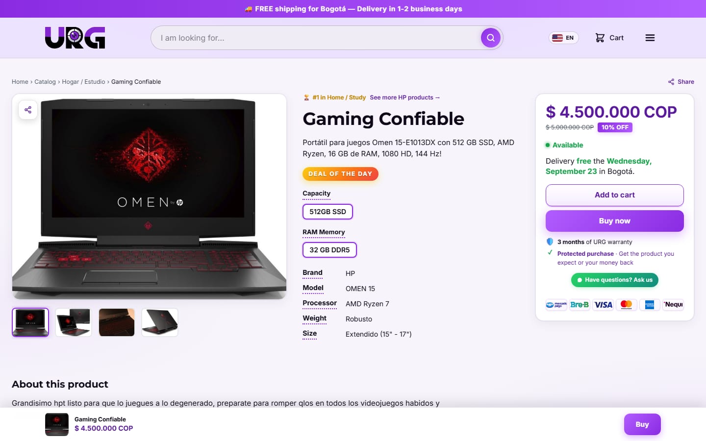 The full product page on desktop: photo gallery, discounted price, warranty, and delivery date.