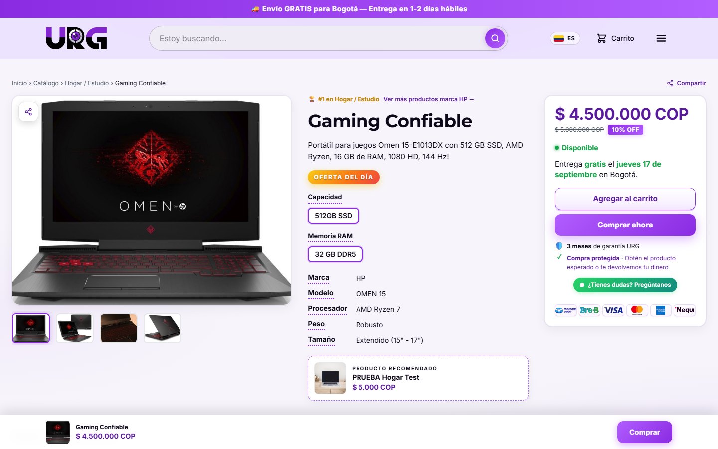 La ficha completa en computador: galería de fotos, precio con descuento, garantía y fecha de entrega.