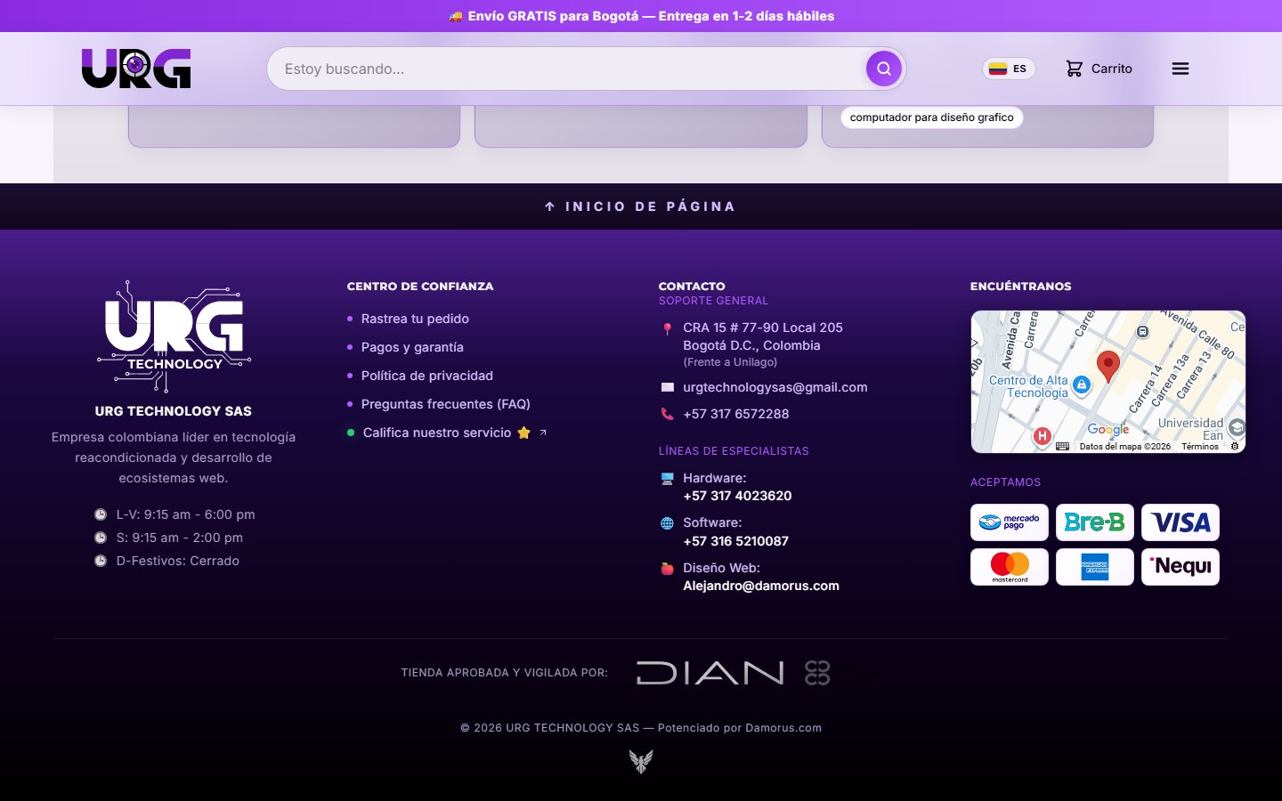 El pie de página reúne contacto, horarios, mapa y medios de pago.