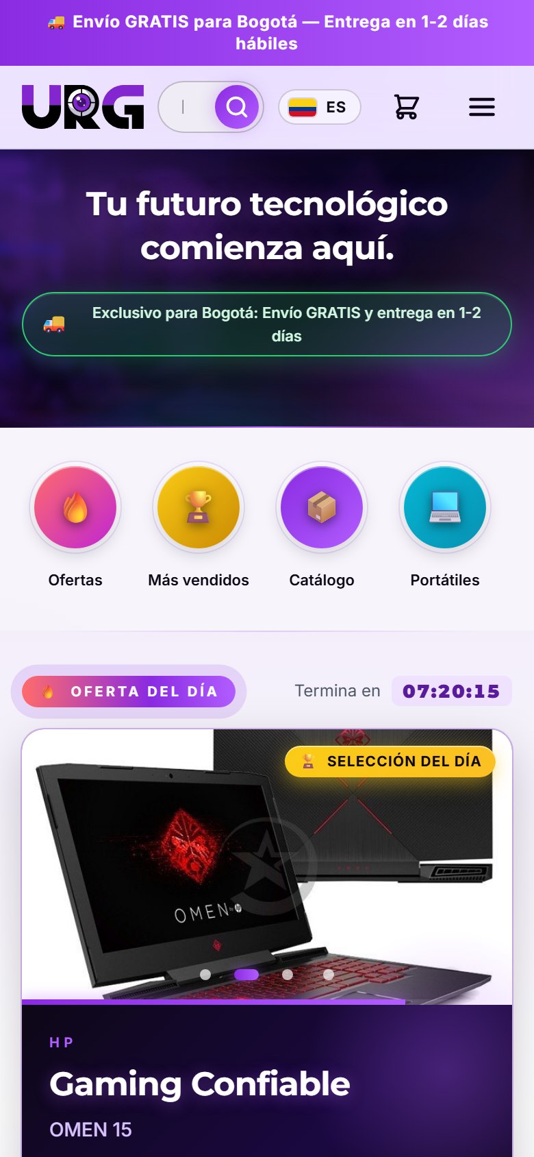 El recorrido del home de arriba abajo: hero compacto, burbujas, oferta del día con su contador, más vendidos, nuestra tienda y footer de confianza.