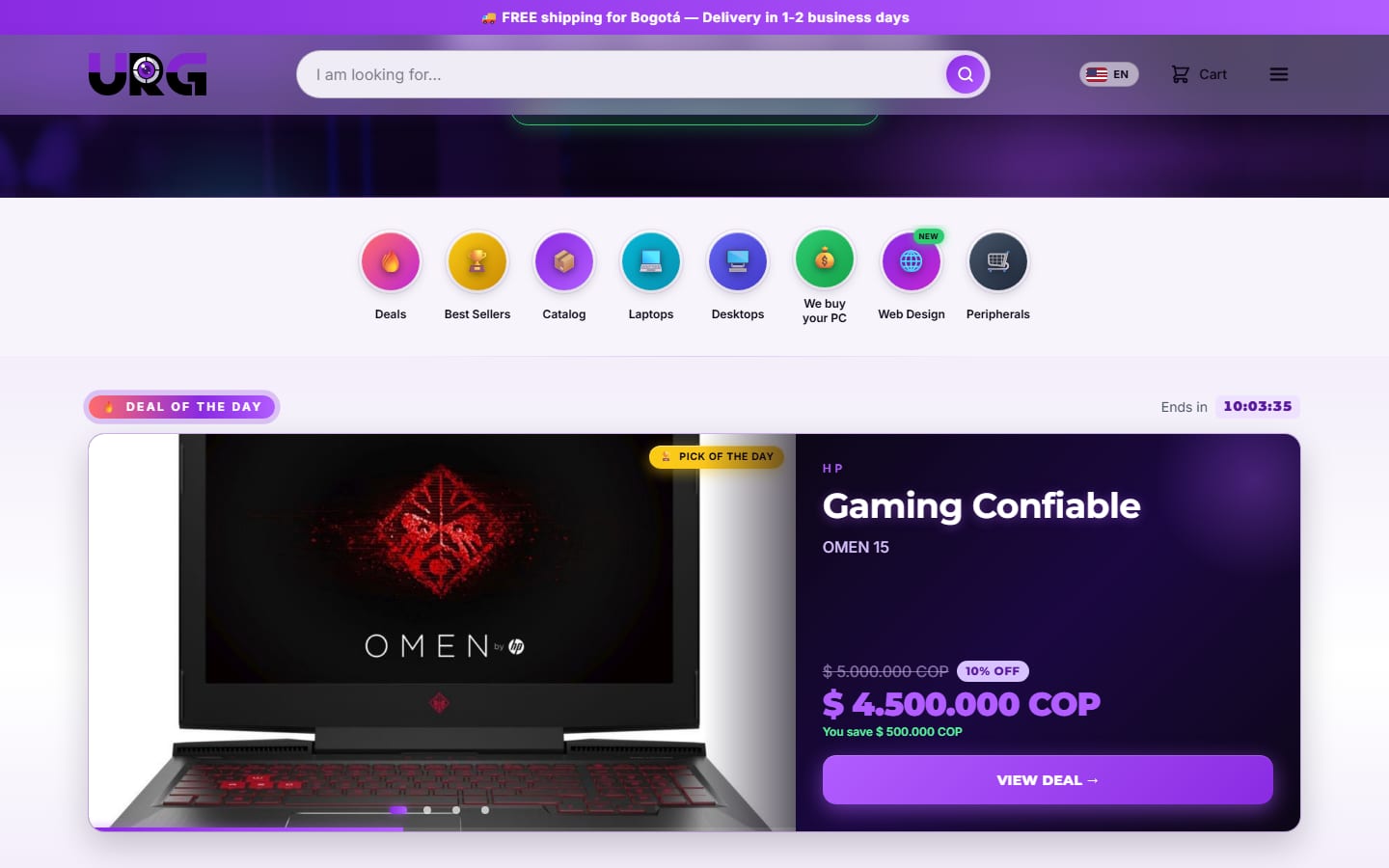 URG Technology online store built by Damorus Projects: deal of the day with a countdown, a 10% discount and a View deal button