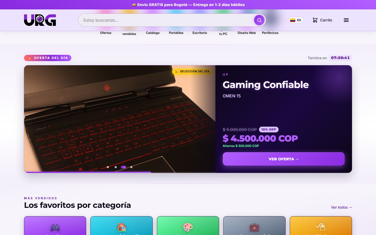 Tienda en línea de URG Technology hecha por Damorus Projects: oferta del día con cuenta regresiva, descuento del 10 % y botón Ver oferta